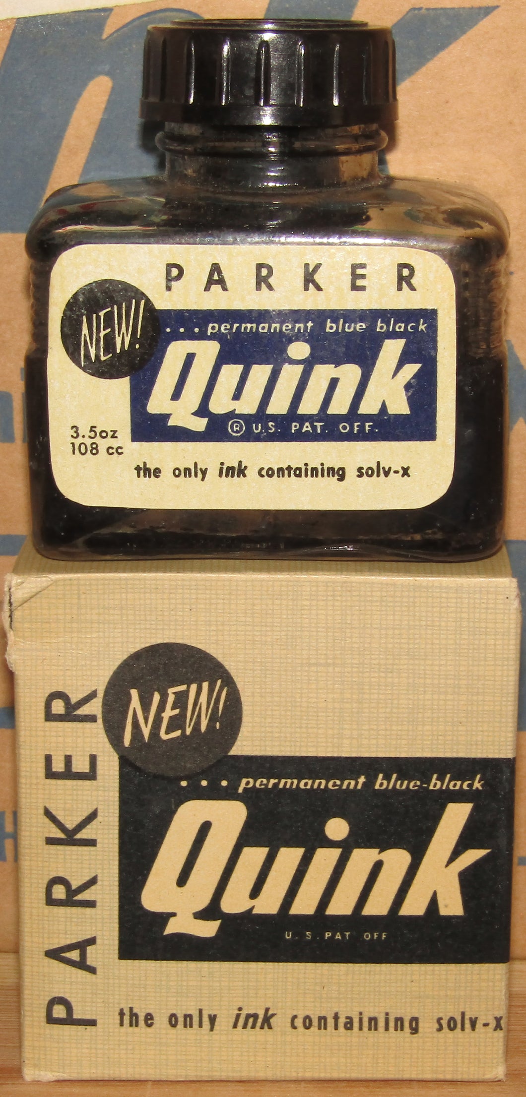 Z-Quink Ink - 3½oz Bottle of Blue-Black Ink (½ Full) - 1950s Vintage